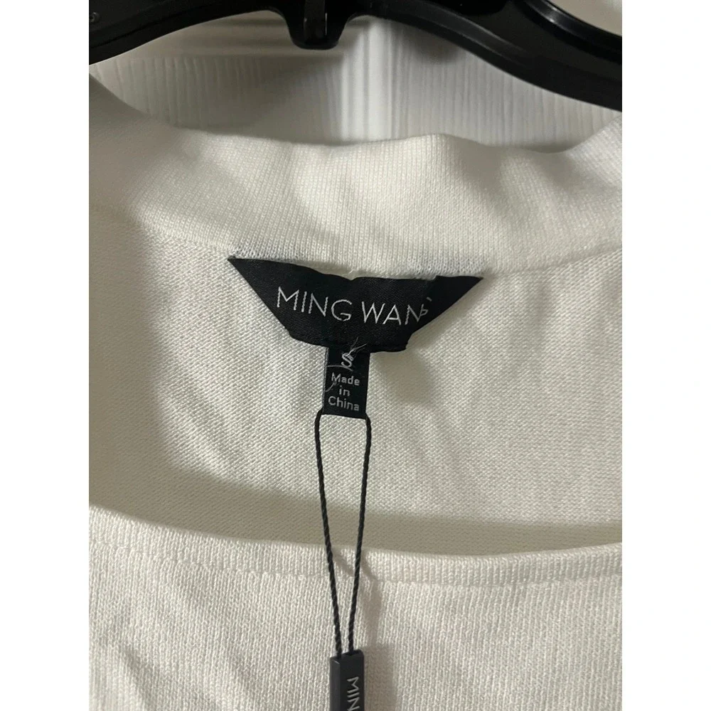 MING WANG Women's White Navy Stripe Square Neck Button Detail Sweater Top Size S